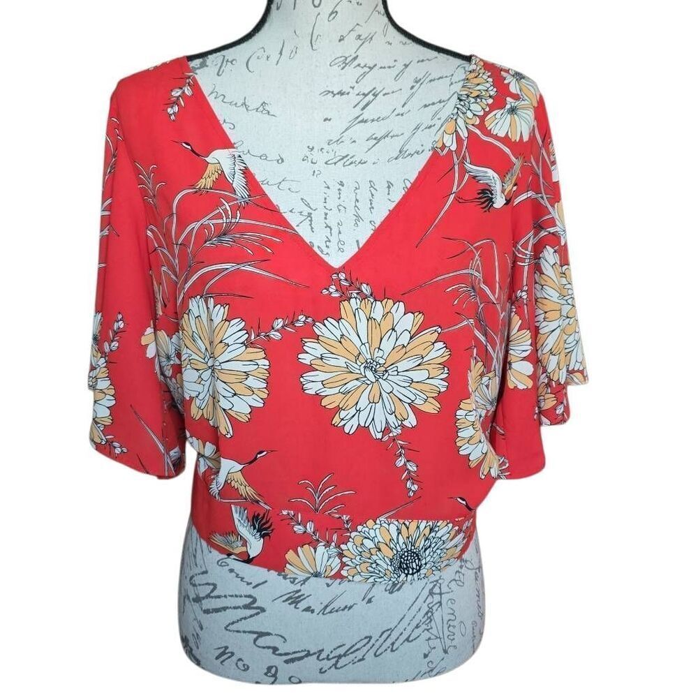 Express Women's Size Lrg Women's Red Orange Floral Pelican Open Back Tie Blouse